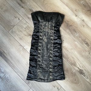 Nicole Miller Collection Ruched Black and Gold Strapless Dress.